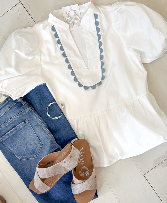 White With Blue Trim V-Neck Puff Sleeve Top