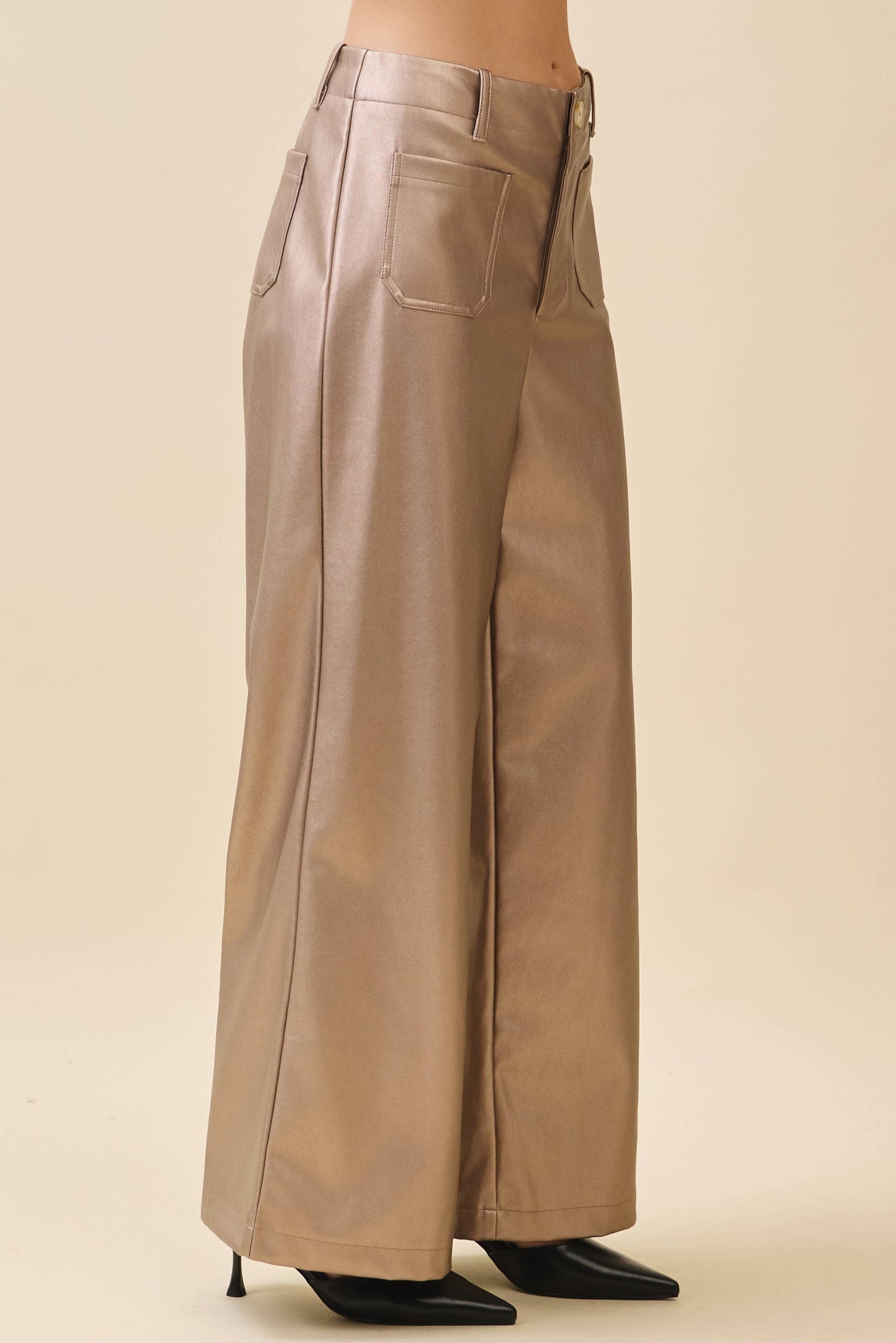 Metallic Wide-Leg Faux Leather Pants | Metallic Taupe