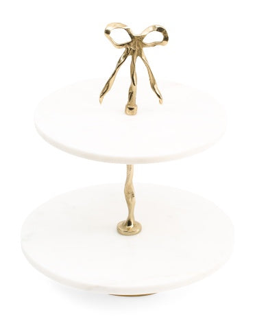 White Bow Tiered Server with Gold Bows