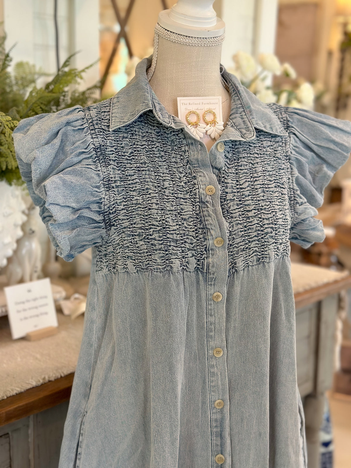 Light denim smocked top puff sleeve