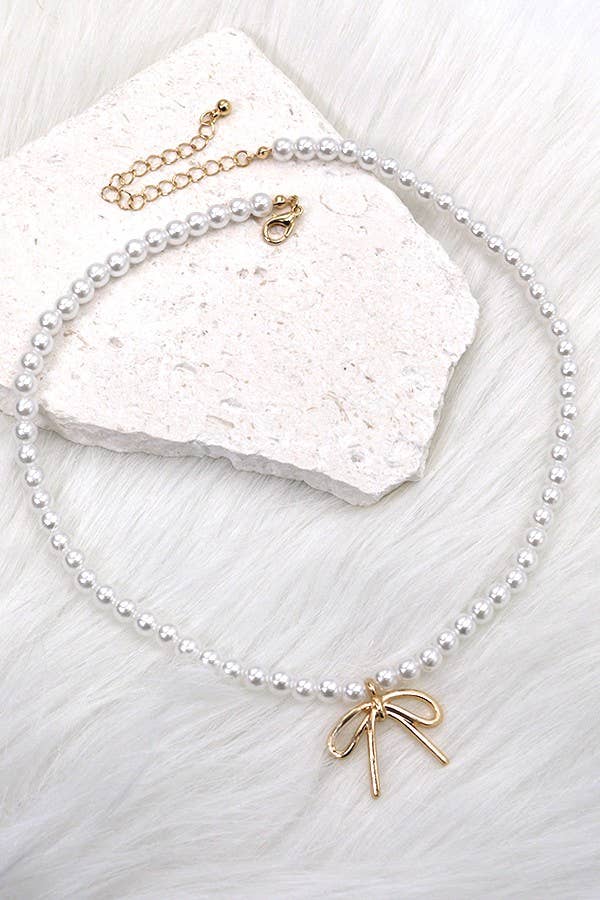 Pearl Chain Bow charm necklace -gold