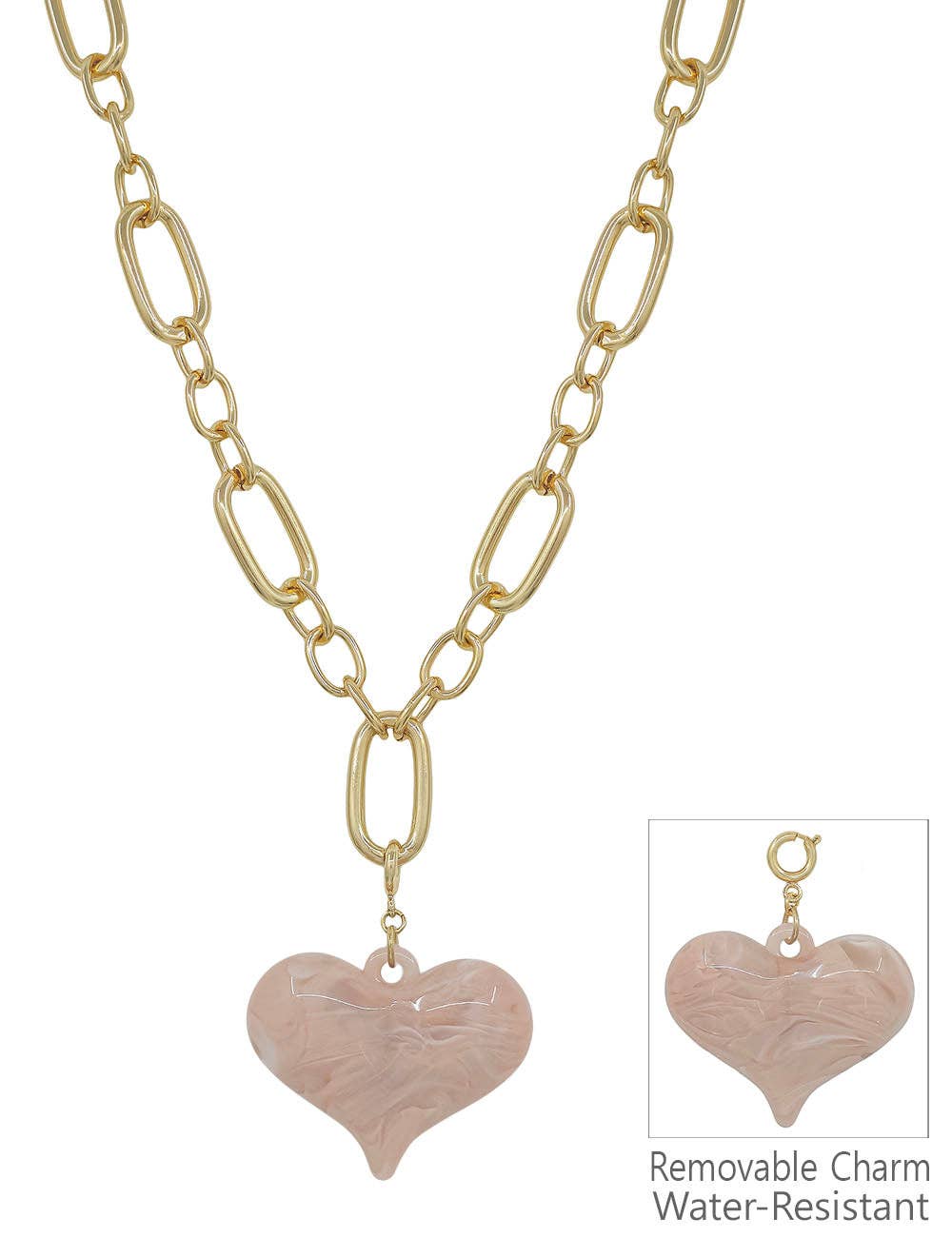 Water resistant Gold Chunky Chain with Pink Resin Heart 16"-18" Necklace