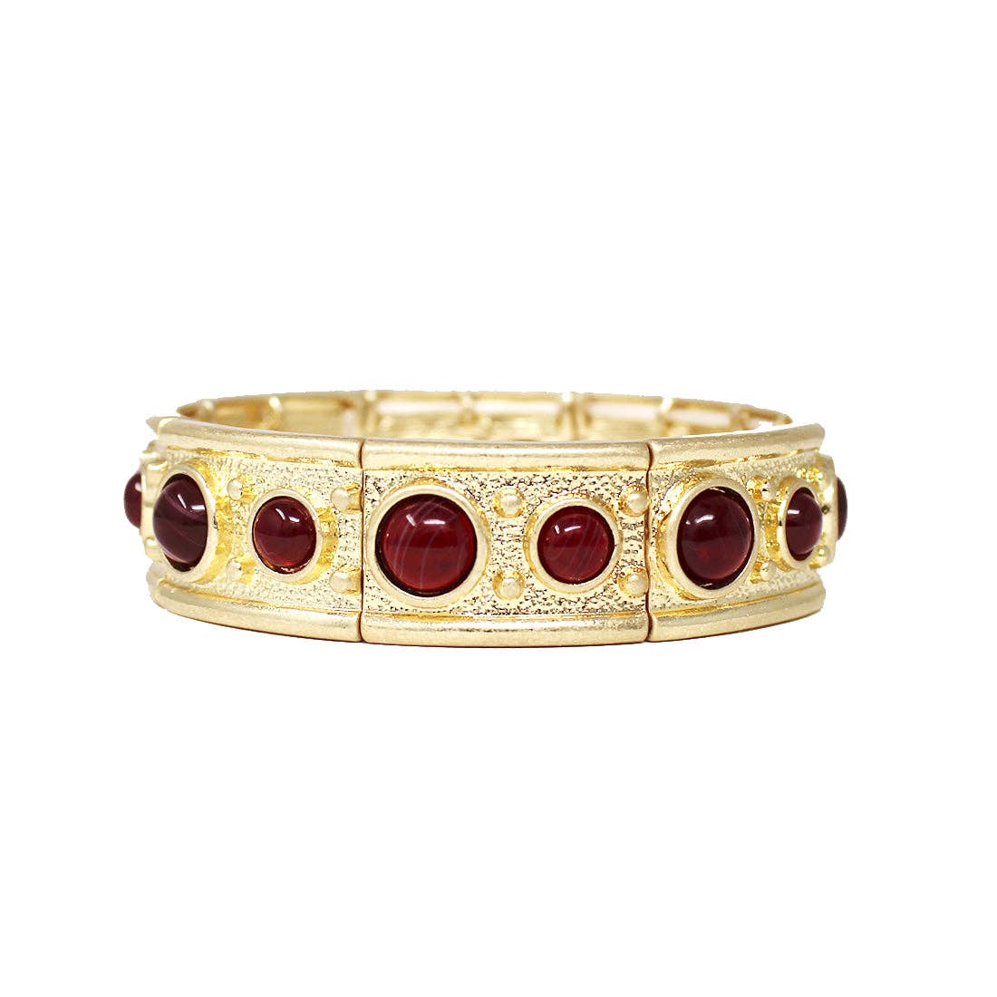 Matte Gold and Red Circle Stone Accents Stretch Bracelets