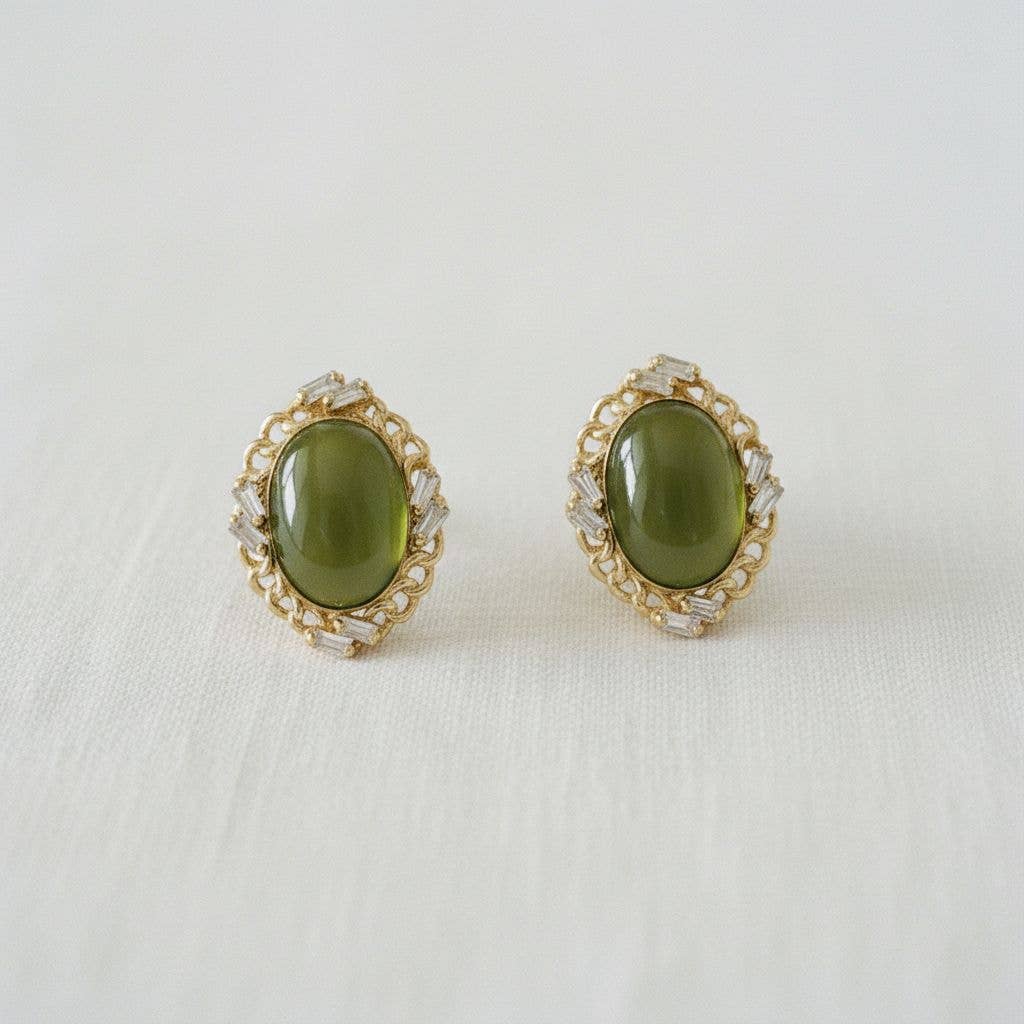 Olive Green Cat's Eye Stud Earrings