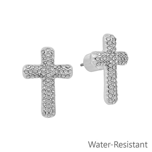 Water Resistant Silver Rhinestone Cross 20MM Earring