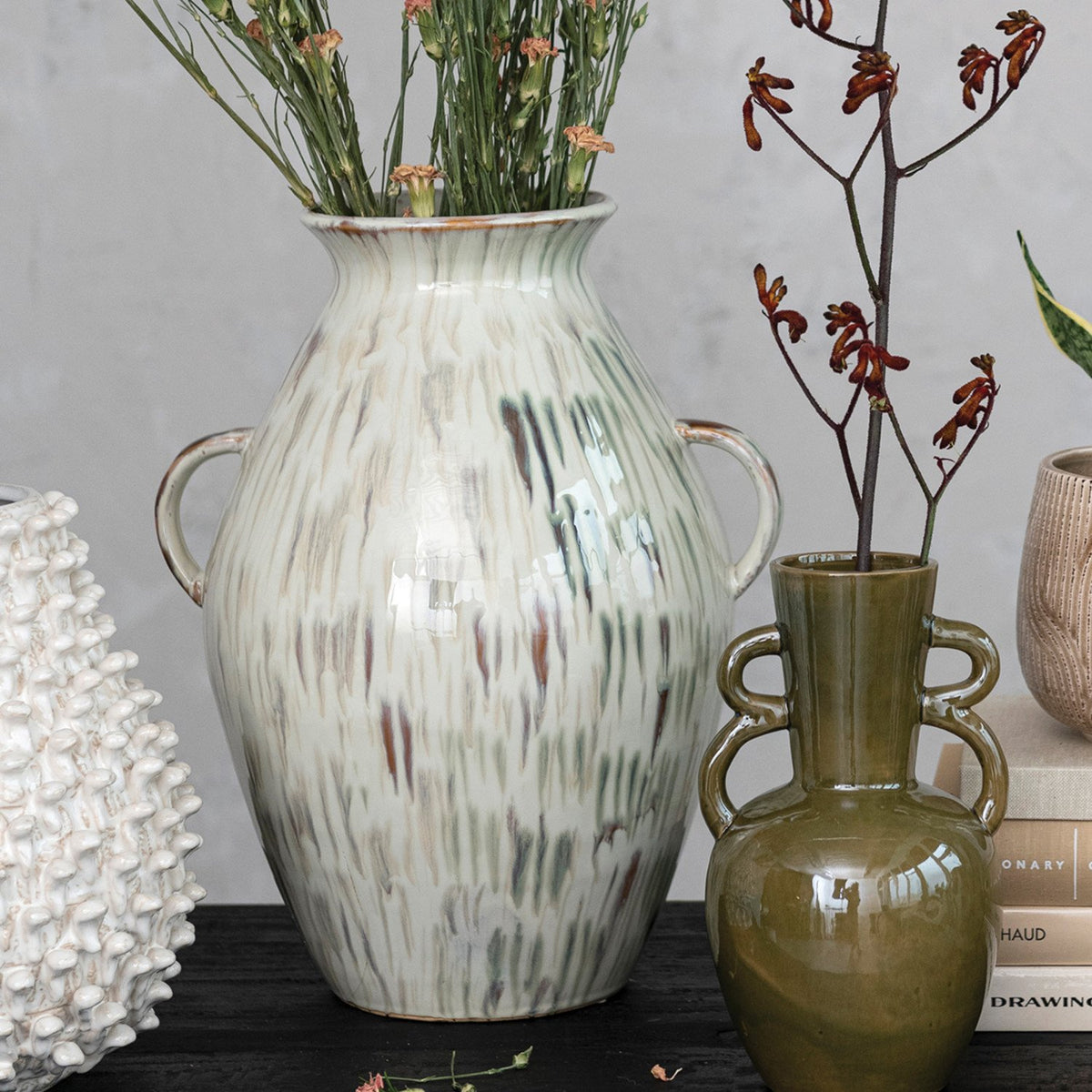 Hand-Painted Stoneware Vase w/ Handles (Each One Will Vary)