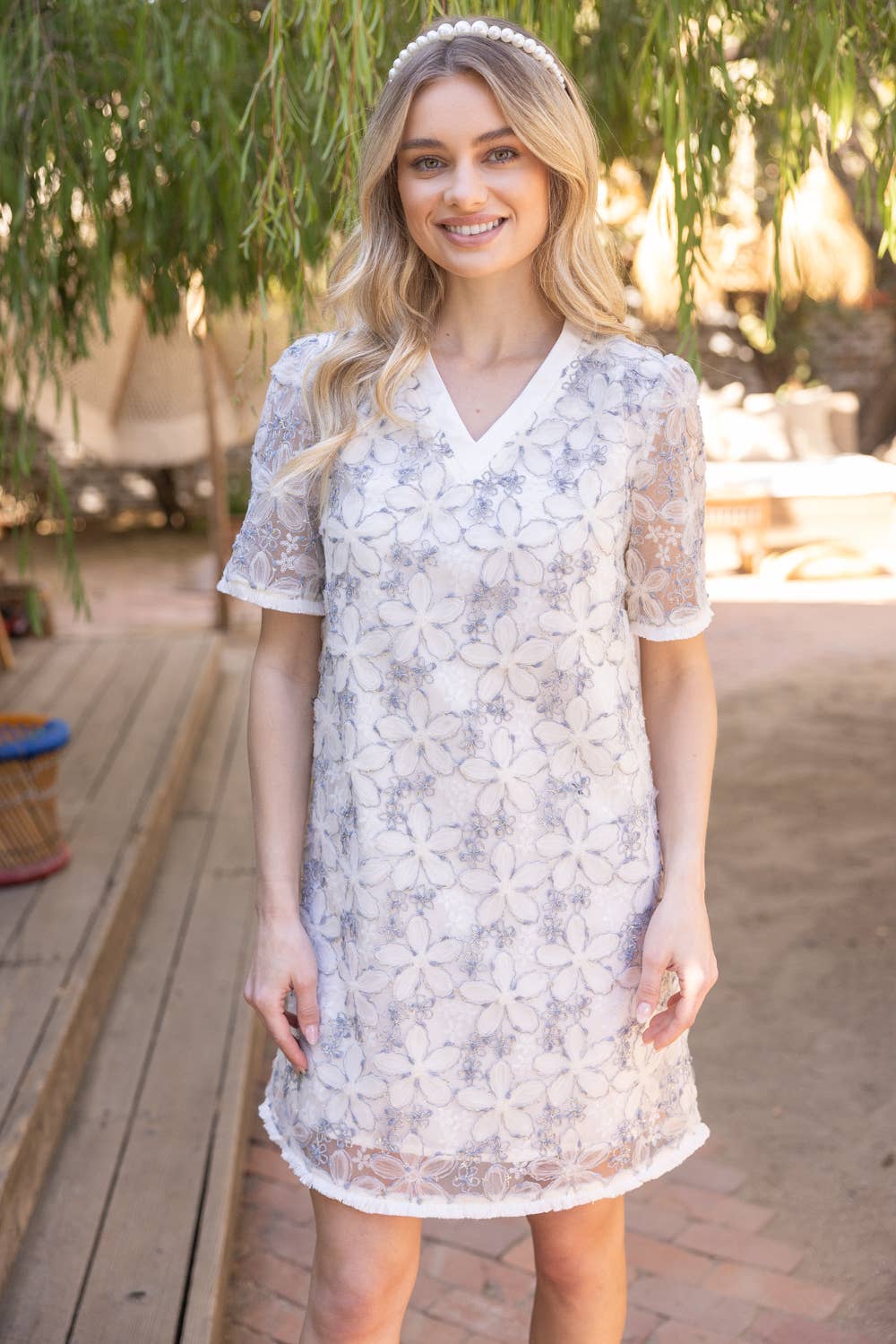 Fringed Floral Textured Mesh Shift Dress: Ivory