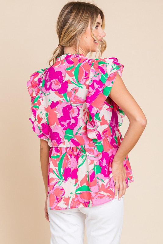 Print Baby Doll Top With Ruffle