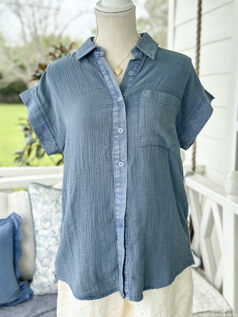Vintage Blue Soft Cotton Gauze Button down