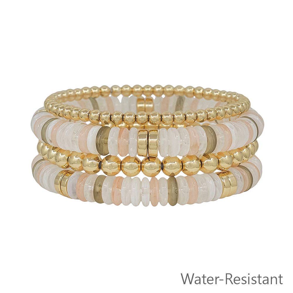 Water Resistant White/Natural and Gold Beaded Set of 4 Stretch Bracelets