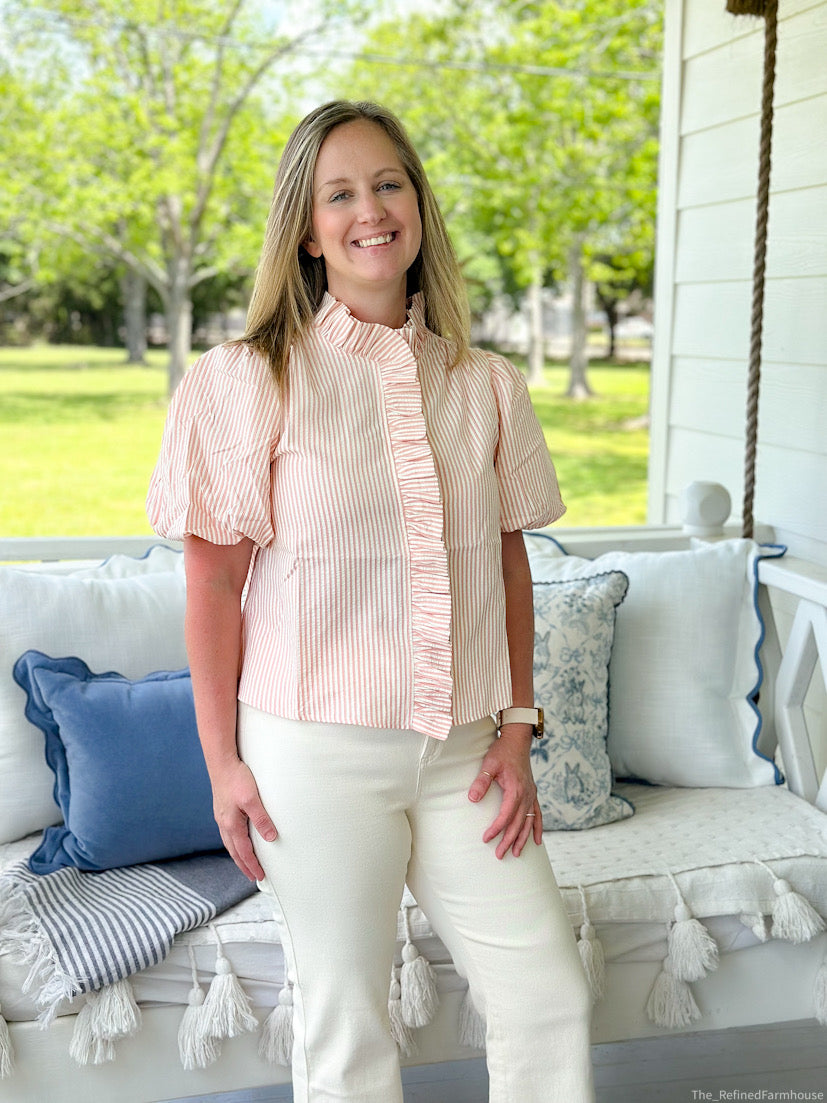 Peach Coral Striped Ruffle Button Down Top
