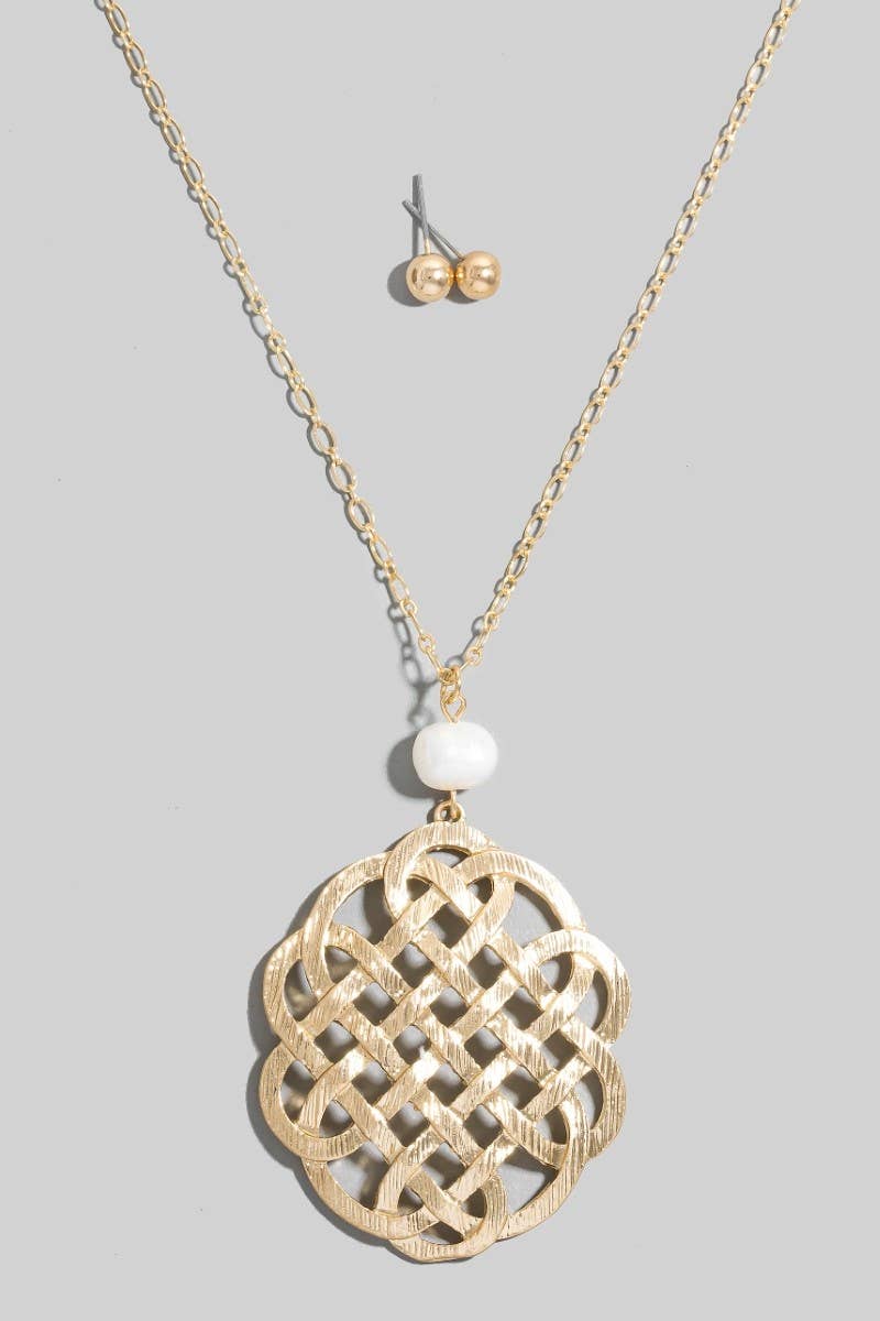 Pearl And Intricate Knot Weave Pendant Long Necklace Set