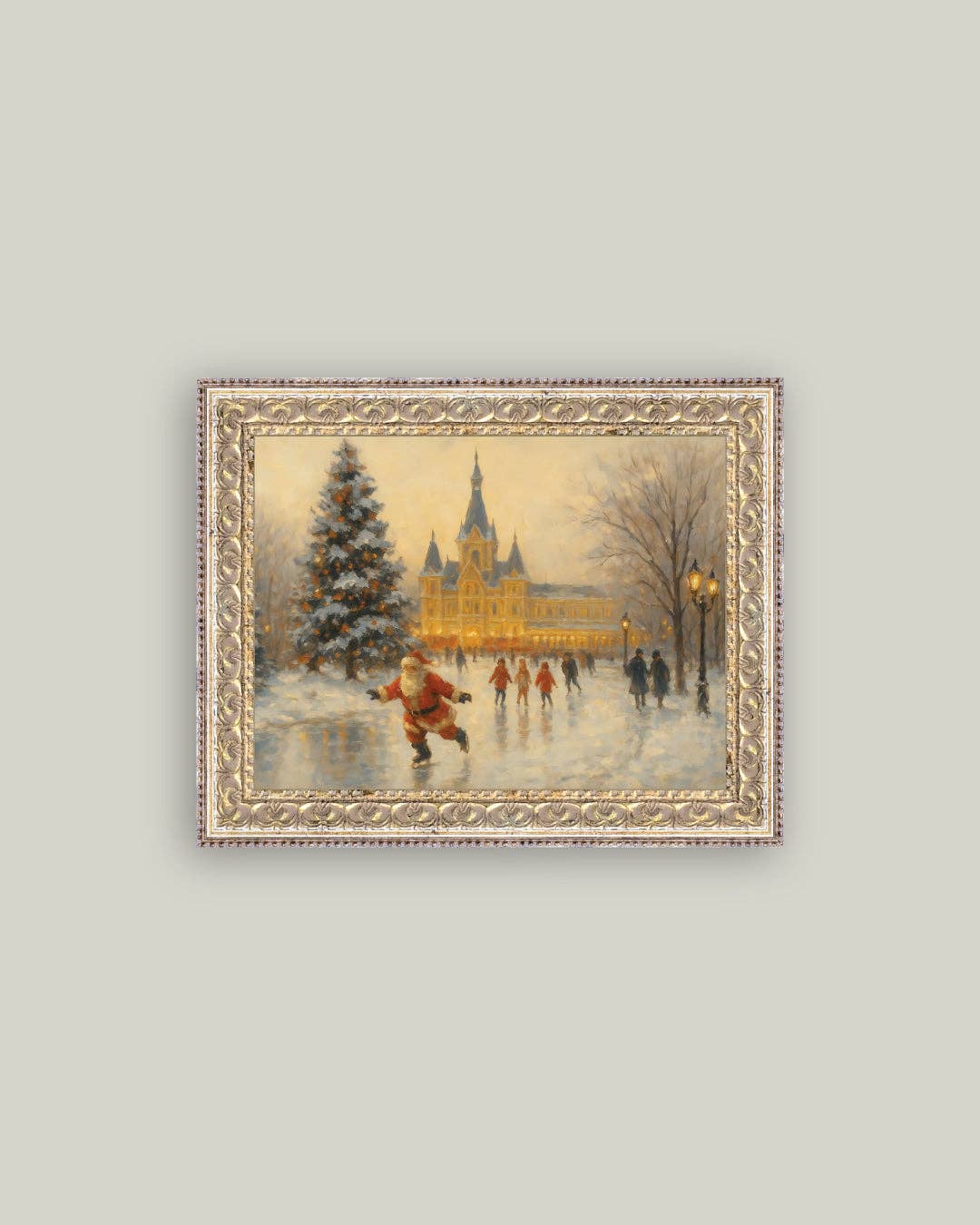 Skating Santa Framed Antique Art | 7x5
