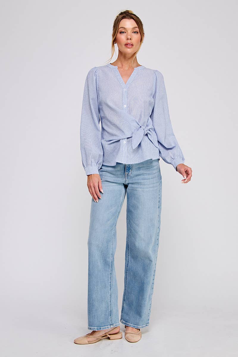 Striped cotton blend side wrap-tie button up blouse: NATURAL WHT, M