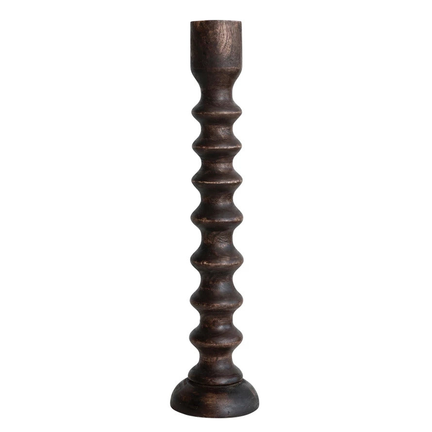 Hand-Carved Mango Wood Taper Holder, Walnut Finish-LARGE
