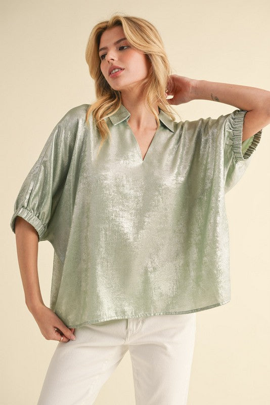 Sage Shimmer Collared Blouse
