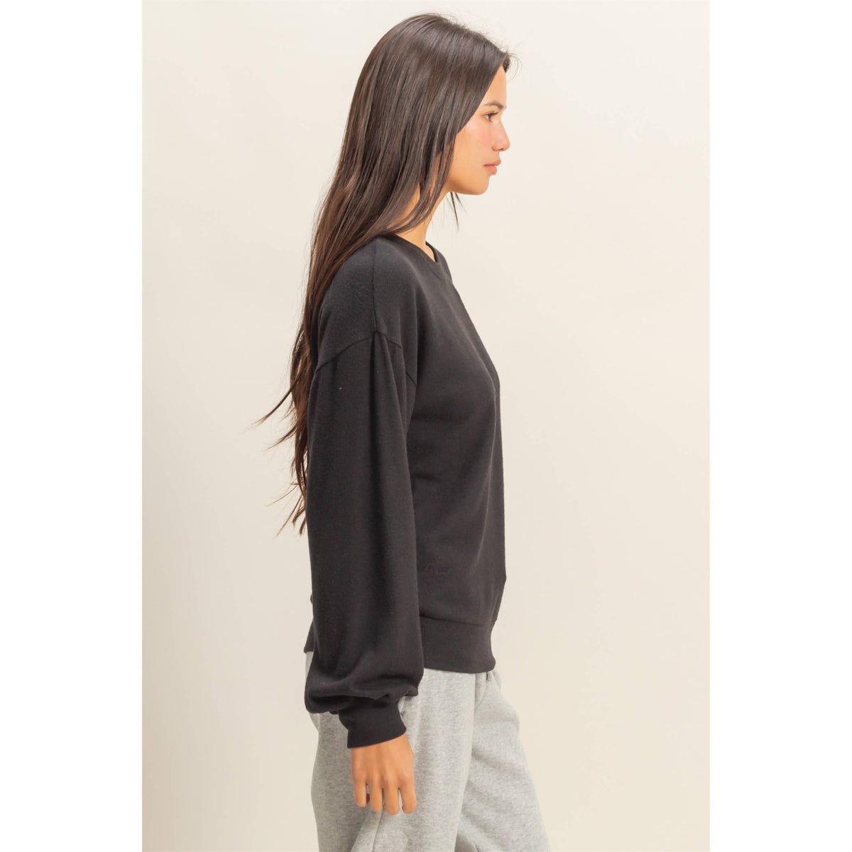 Round Neck Balloon Sleeve Sweatshirt | Black