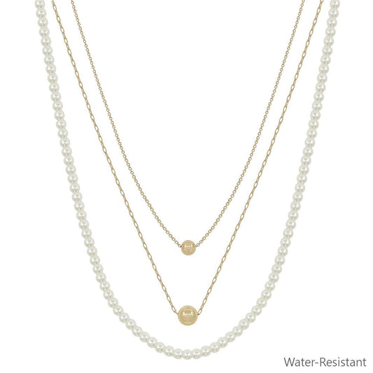 Water Resistant Triple Layered Pearl Beaded and Chain 16"-18" Necklace