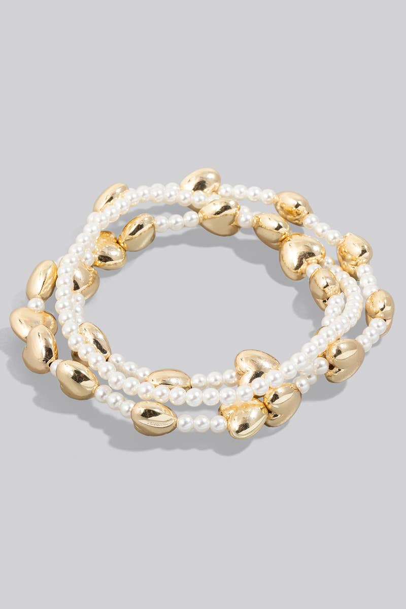 Metallic Hearts And Pearl Beaded Bracelet Set: GDCRM
