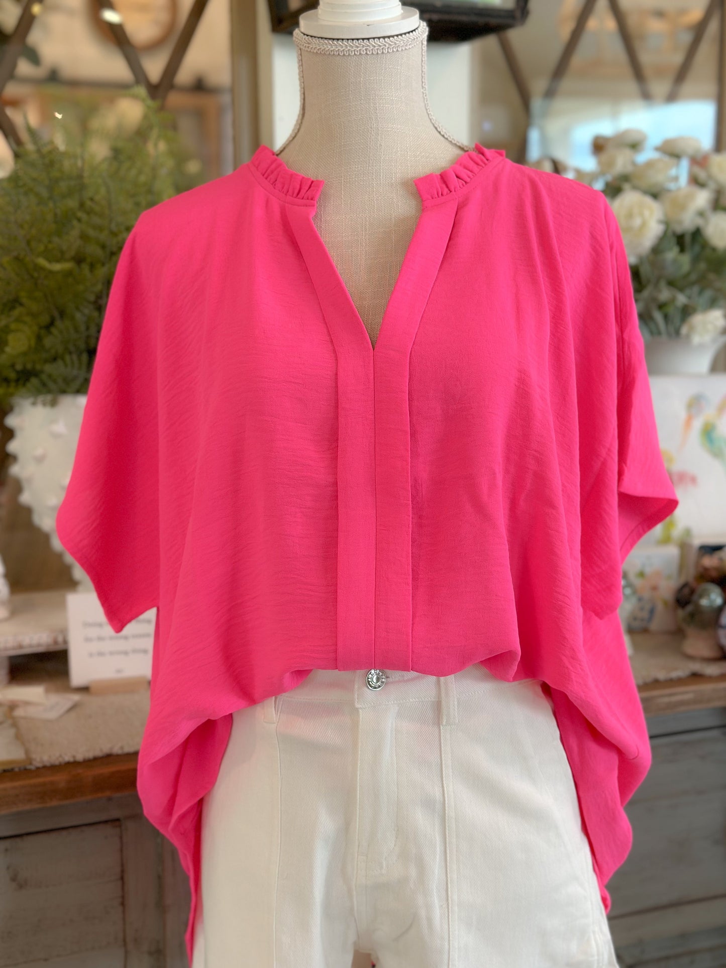 Hot Pink-Solid Short Dolman Sleeves Top