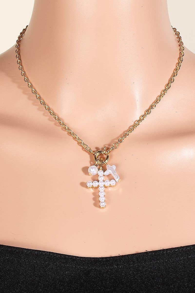 Pearl And Pearl Studded Cross Charms Necklace: GD