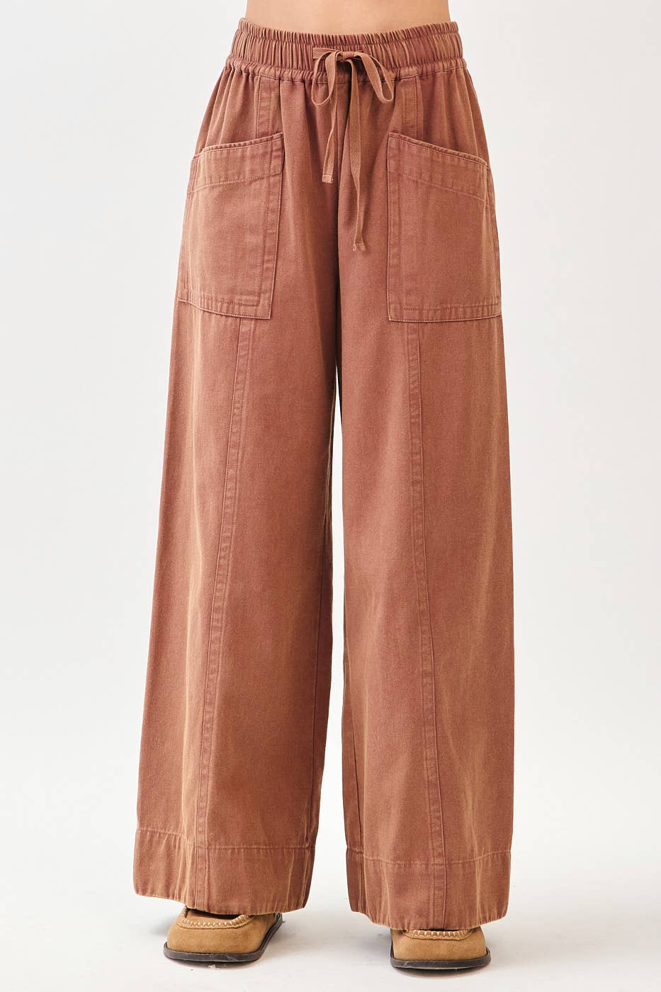MINERAL WASH WIDE LEG ELASTIC WAIST TWILL PANTS: RED BEAN, S-M-L(2-2-2)
