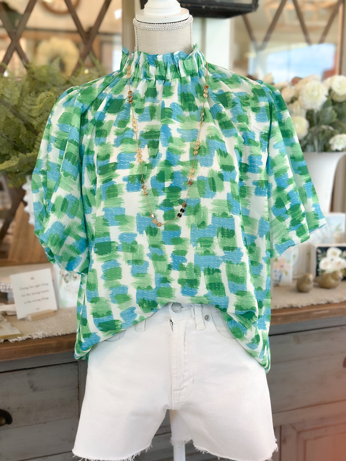 Green Abstract Button Back Ruffed High Neck Blouse