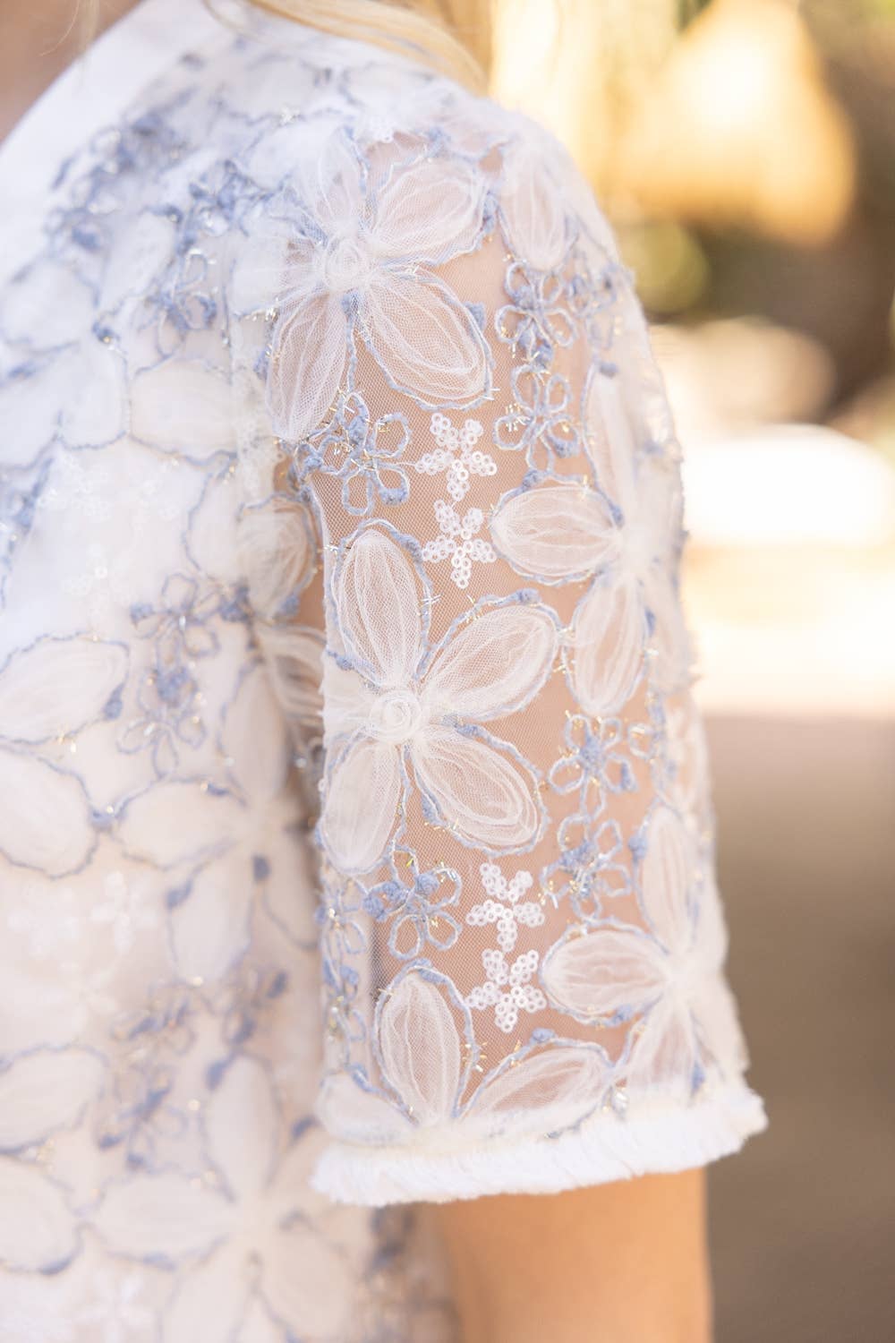 Fringed Floral Textured Mesh Shift Dress: Ivory