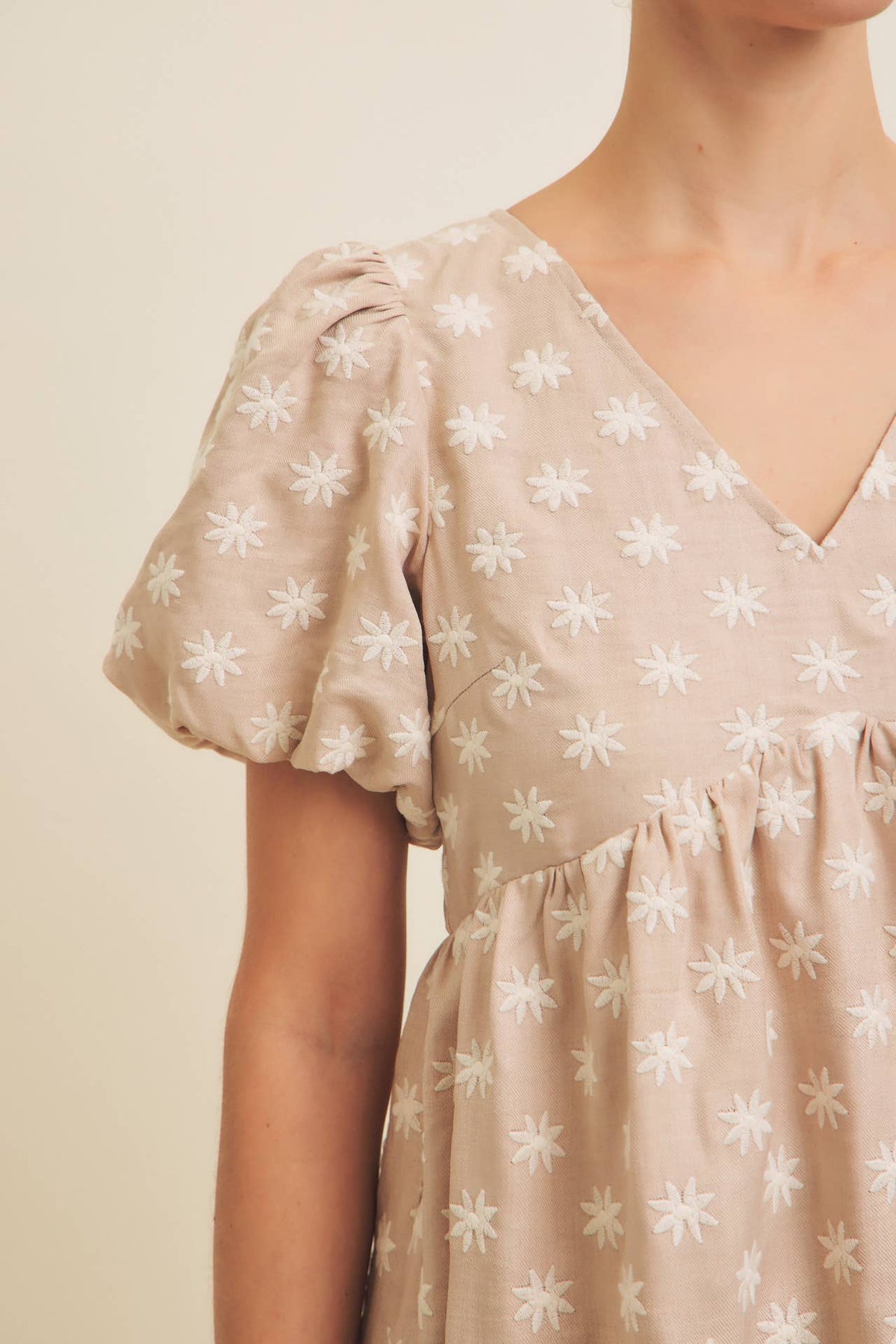 Embroidered Sand Dress with Puff Sleeves