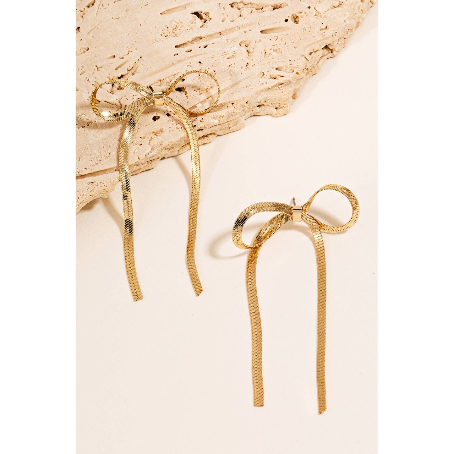 Ribbon Bow Flat Chain Stud Dangle Earrings: Gold