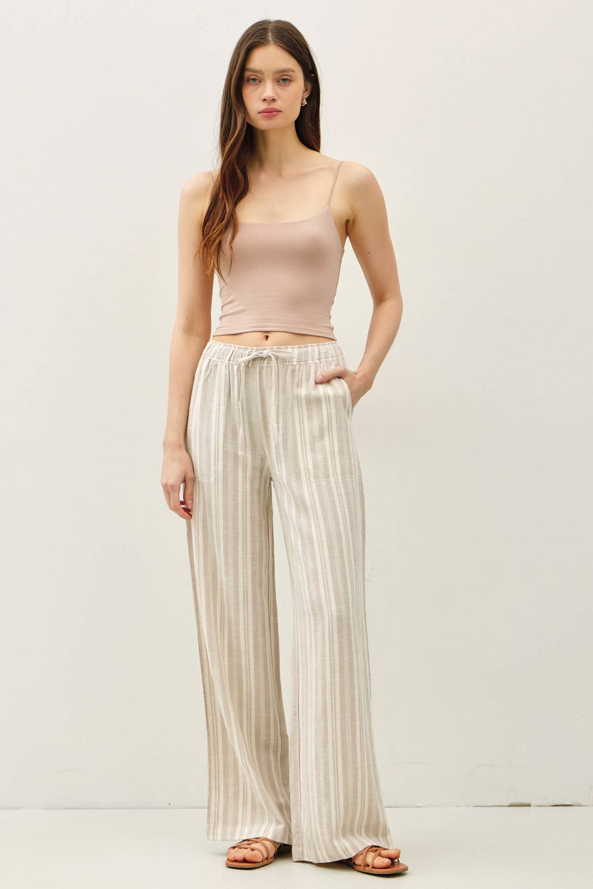 OMBRE STRIPED LINEN WIDE LEG PANTS: GREIGE, L