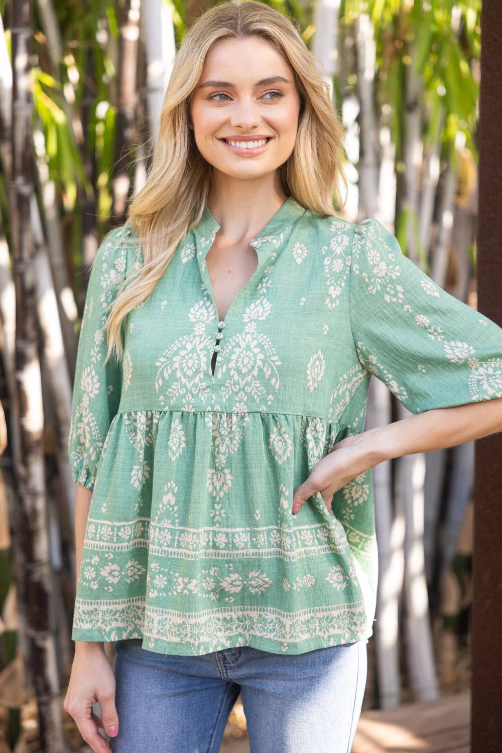 Peplum Boarder Print Cover Button Top