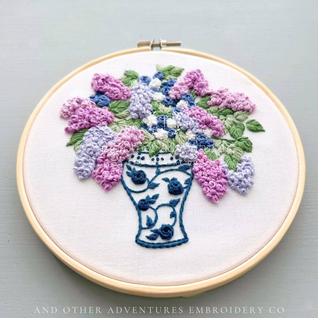 Hand Embroidery Kit - Periwinkle Lilacs in Ginger Jar