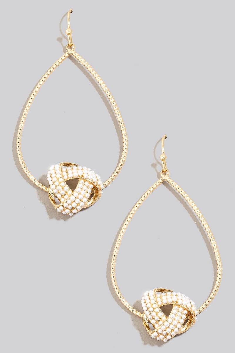 Pearl Pave Knot Charm Tear Dangle Earrings: CRMGD