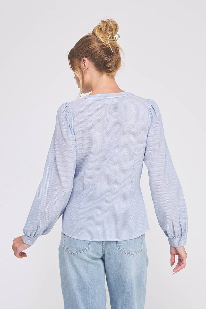 Striped cotton blend side wrap-tie button up blouse: NATURAL WHT, L