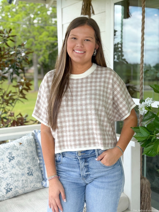 Oatmeal Gingham Knit Top