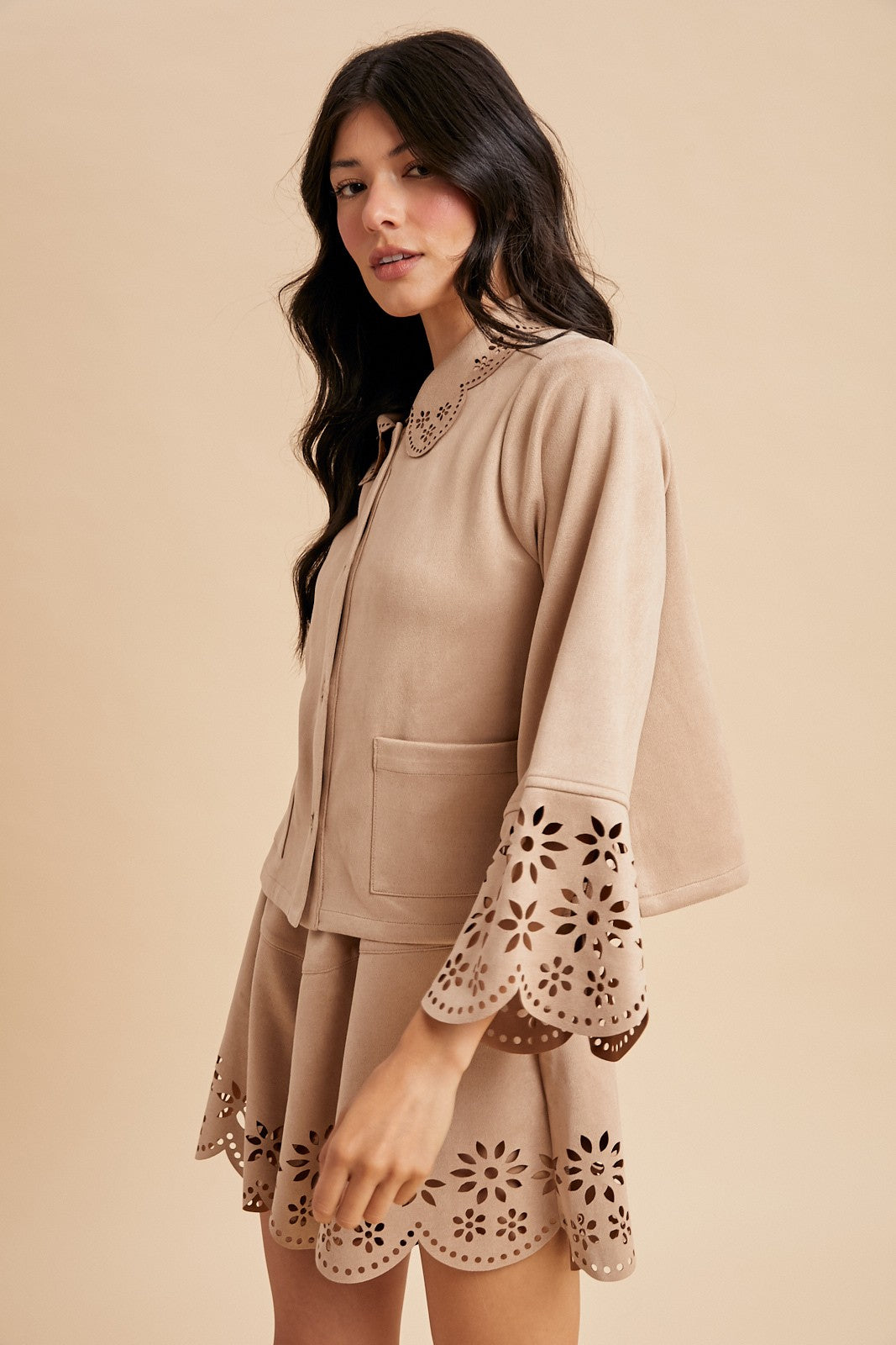 Flower Laser Cut Suede Jacket & Short Set