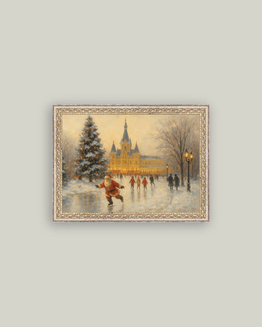 Skating Santa Framed Antique Art | 7x5