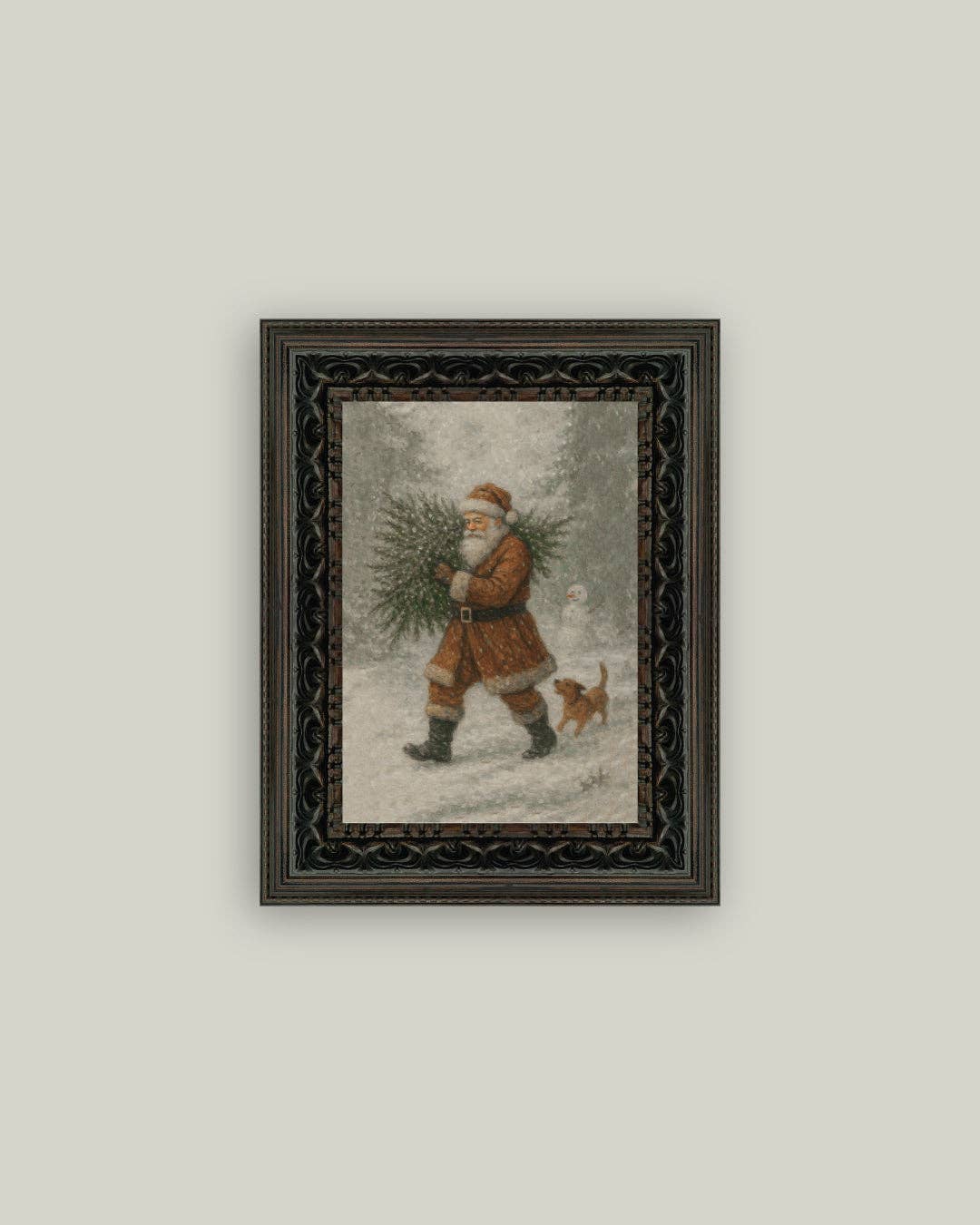 Santa with Tree Framed Antique Art |  5x7