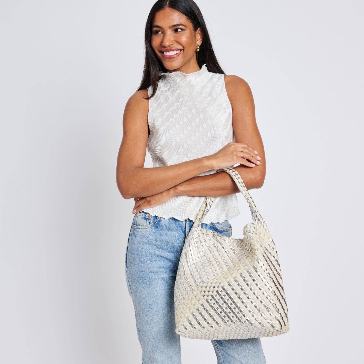 Ellery Mixed Material Woven Hobo: Silver Ivory