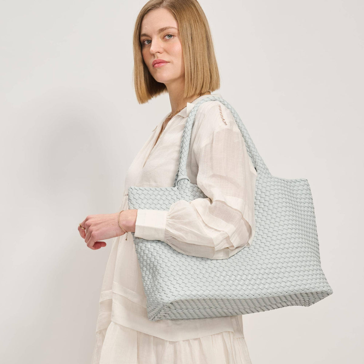 Solana Woven Vegan Leather Tote: Ice Blue