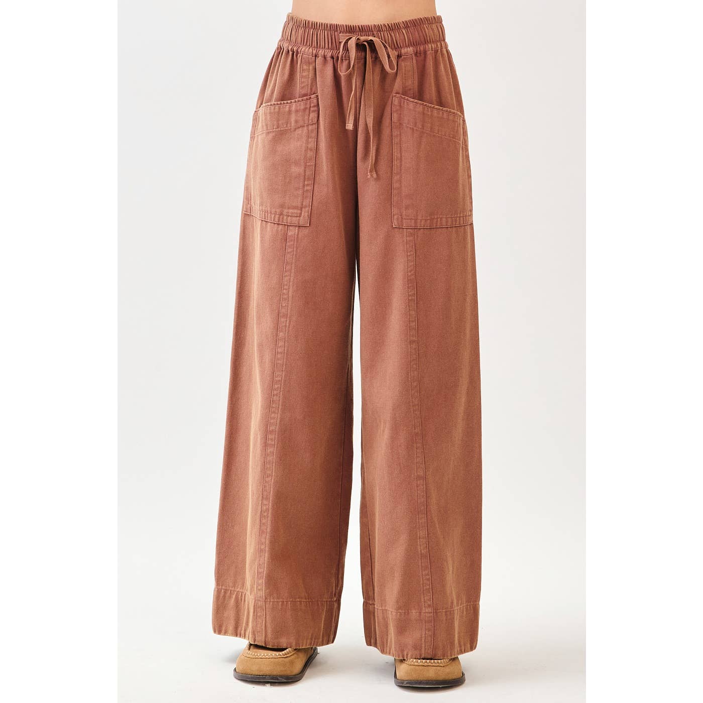 MINERAL WASH WIDE LEG ELASTIC WAIST TWILL PANTS: RED BEAN, S-M-L(2-2-2)