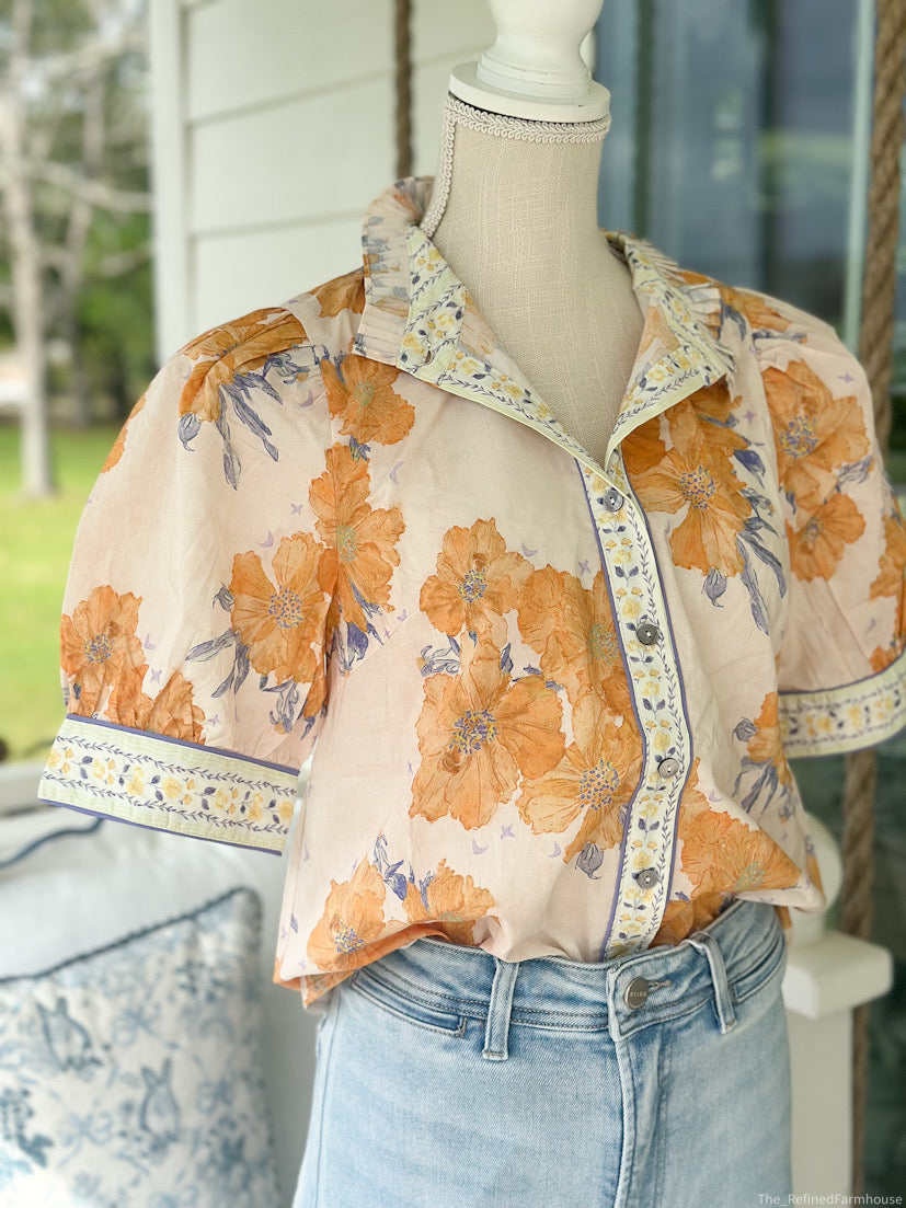 Chic Yellow Floral Puff Sleeve Top