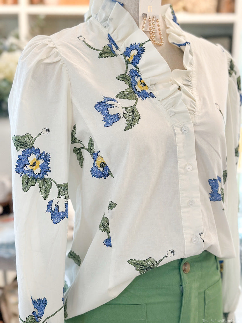 Ivory & Blue floral Printed button front smocked long sleeve top