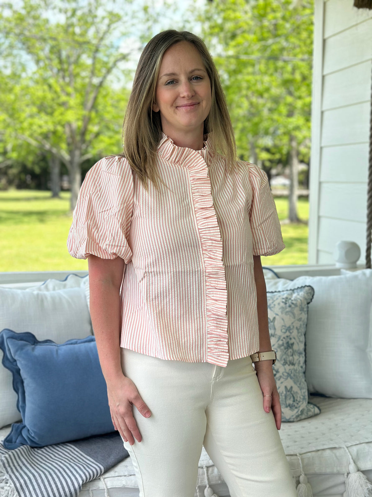 Peach Coral Striped Ruffle Button Down Top