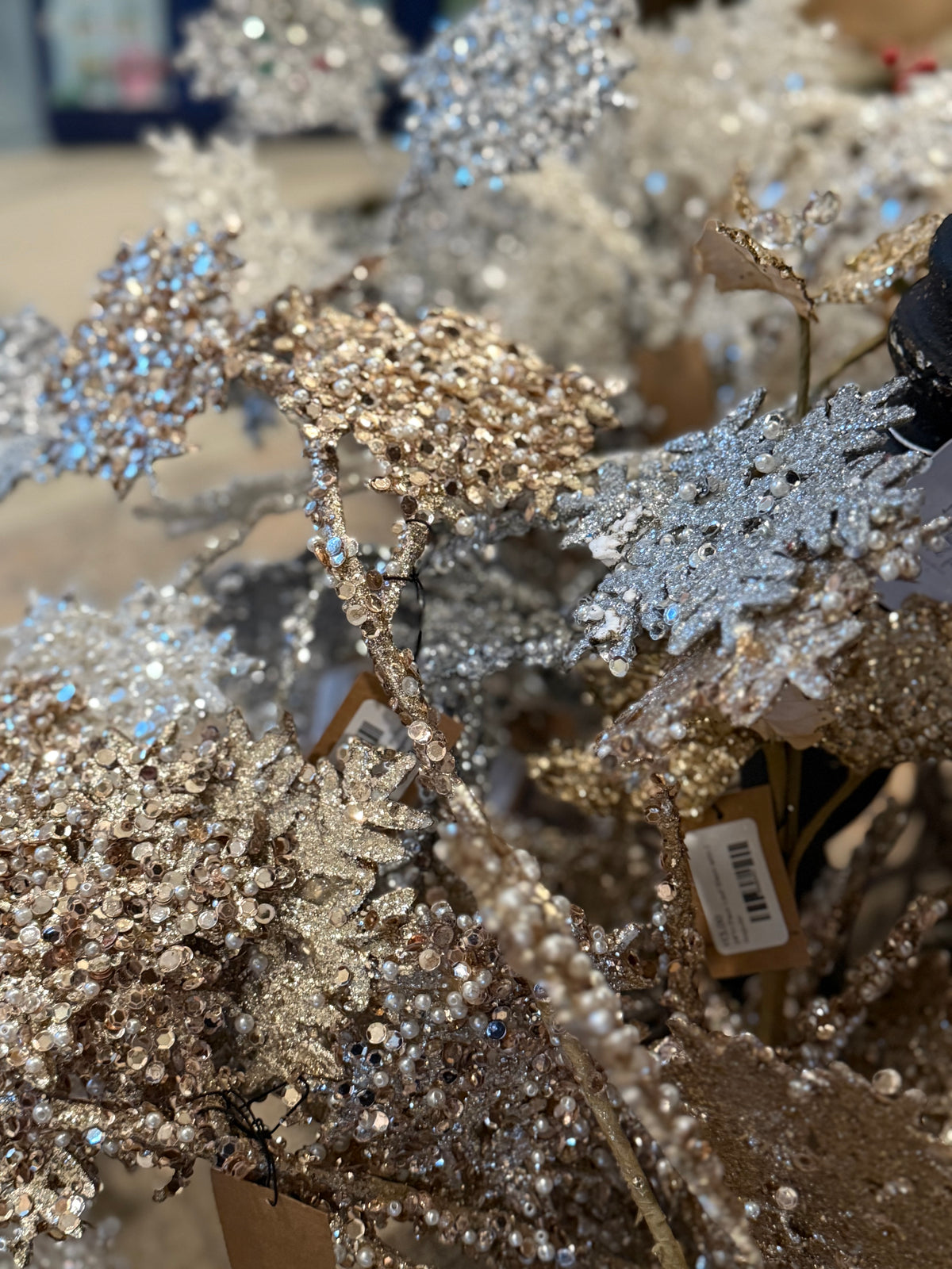 Snowflake Stem with Glitter & Faux Pearls, Champagne Finish | 24"H
