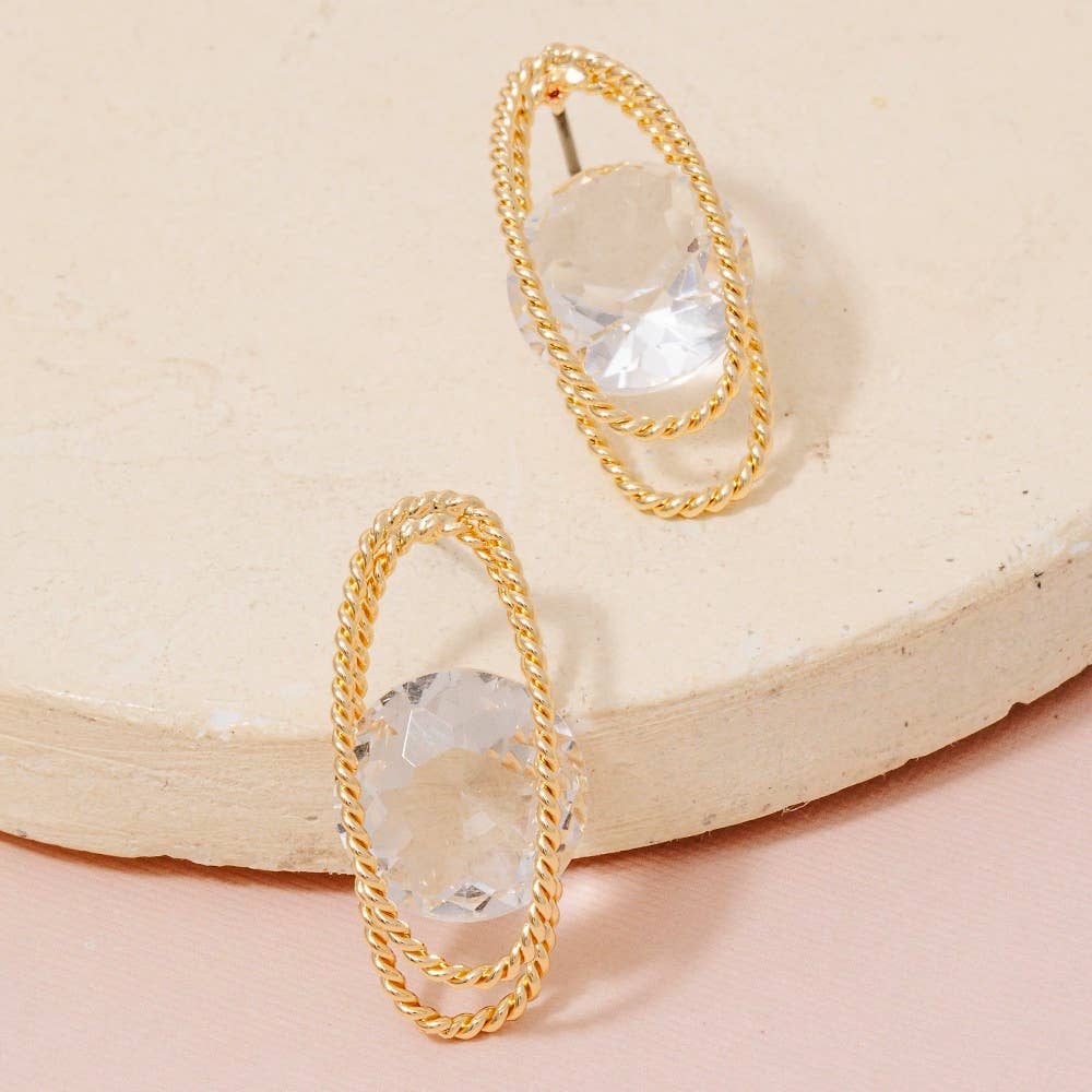 Metallic Oval Rope And Faceted Gem Stud Drop Earrings
