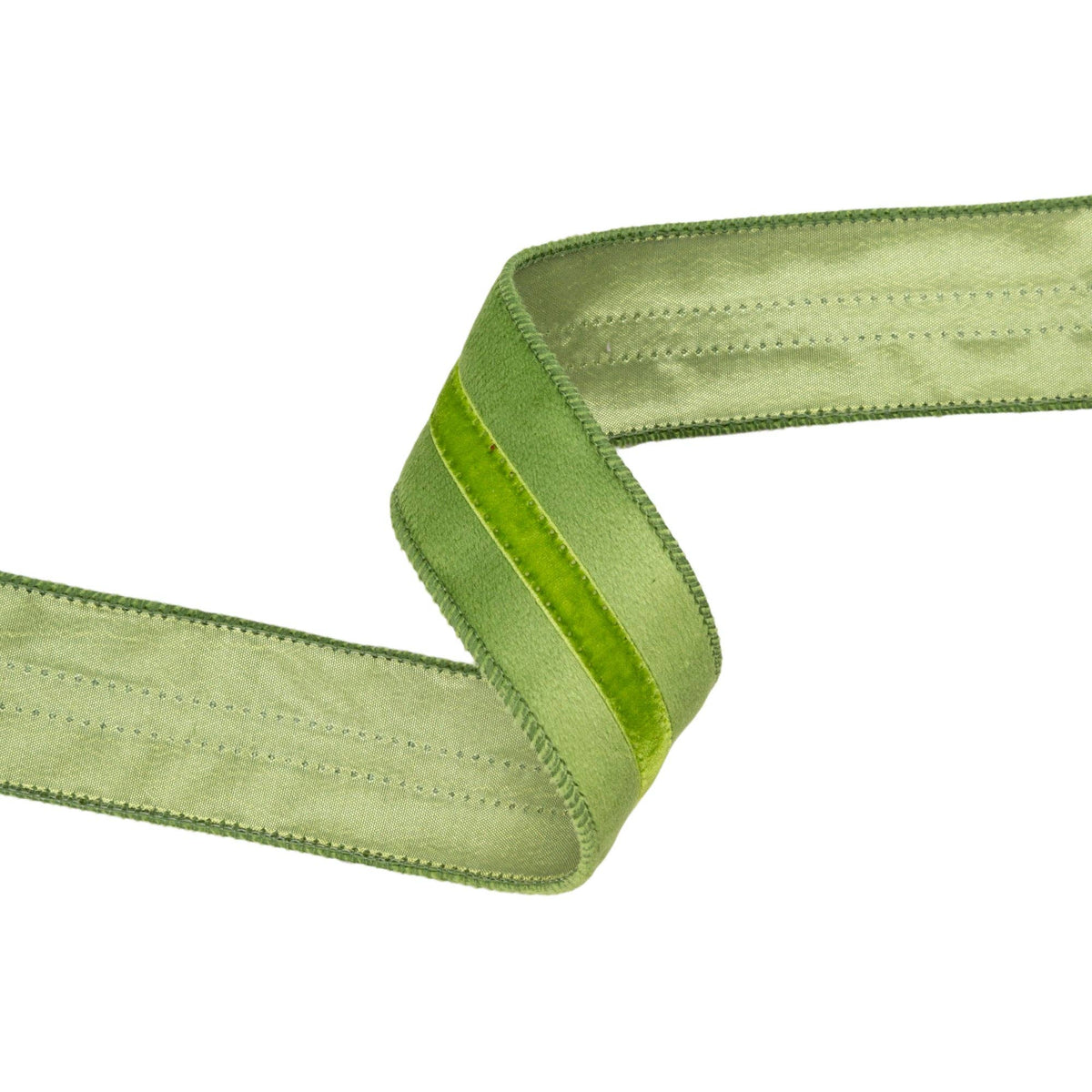 1 1/2" Wired Velvet Ribbon w/ Trim | Green w/ Green Trim | 10 Yard Roll