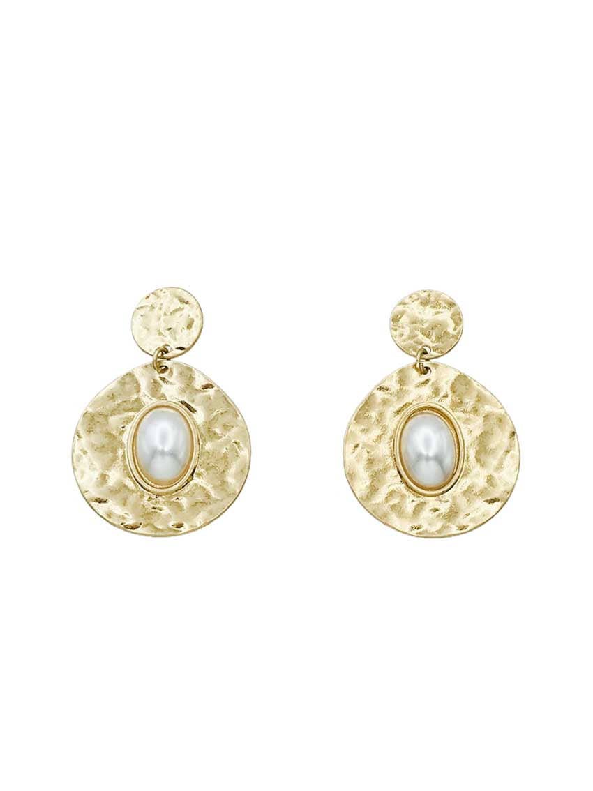 Gold Hammered Circle with Pearl Circle 1.75" Earring