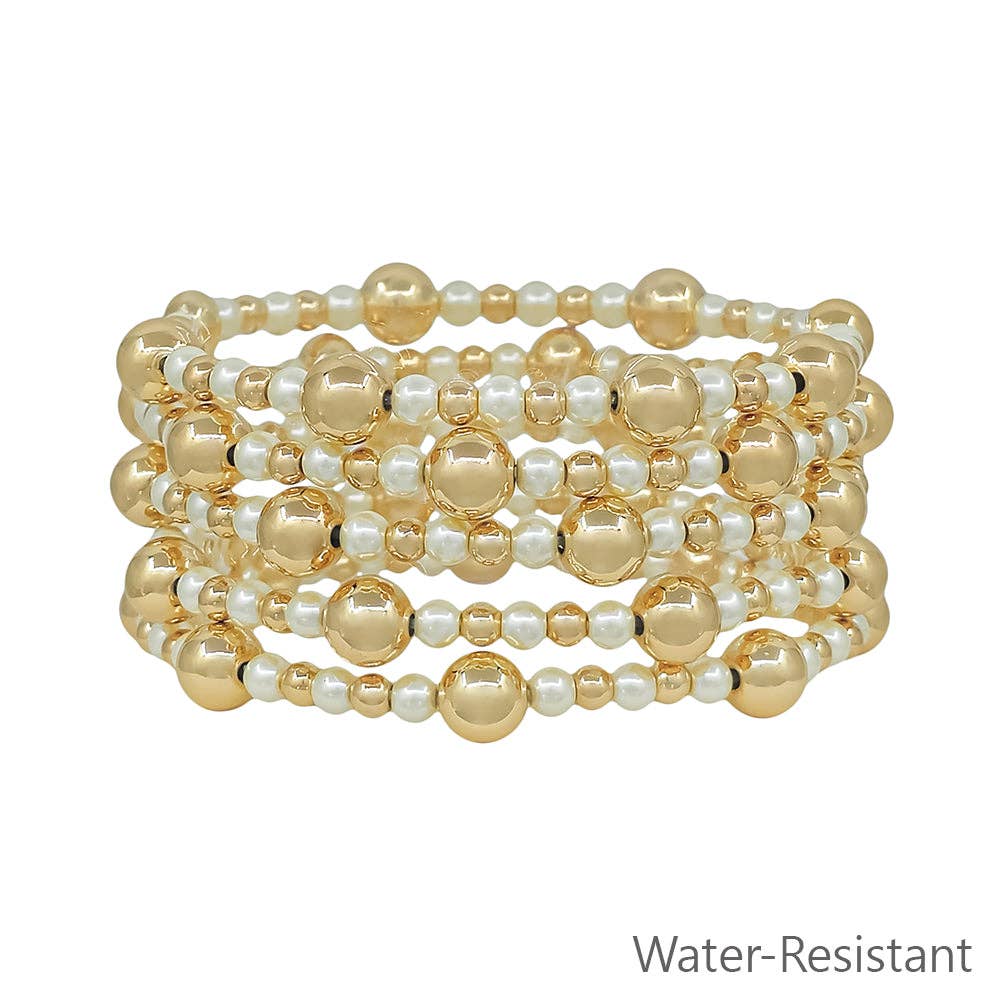 Water Resistant Set of 5 8MM & 4MM Gold and Pearl Beaded Stretch Bracelets